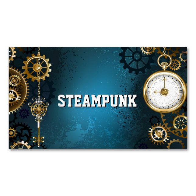 Steampun turquoise Background with Gears Magnetic Business Card (Front)