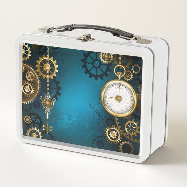 Steampun turquoise Background with Gears Metal Lunch Box (Front)