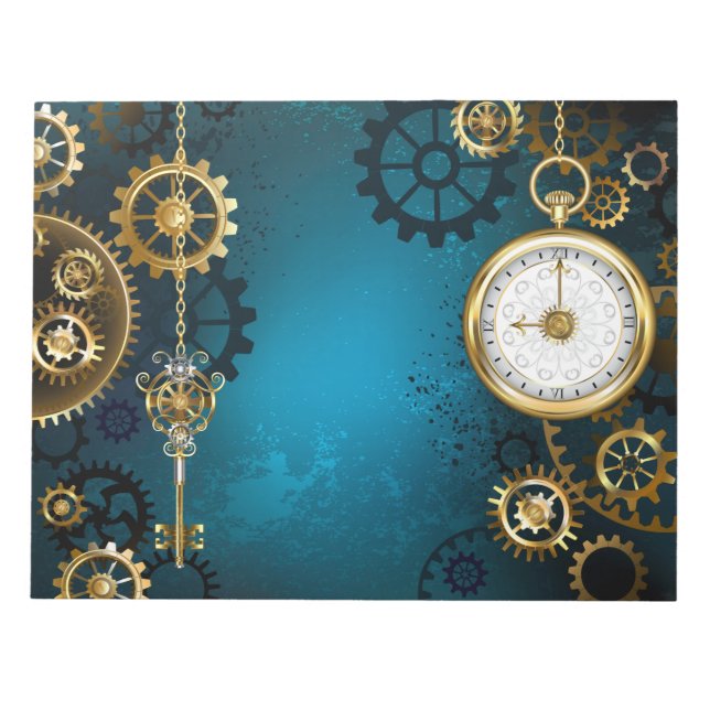 Steampun turquoise Background with Gears Notepad (Front)