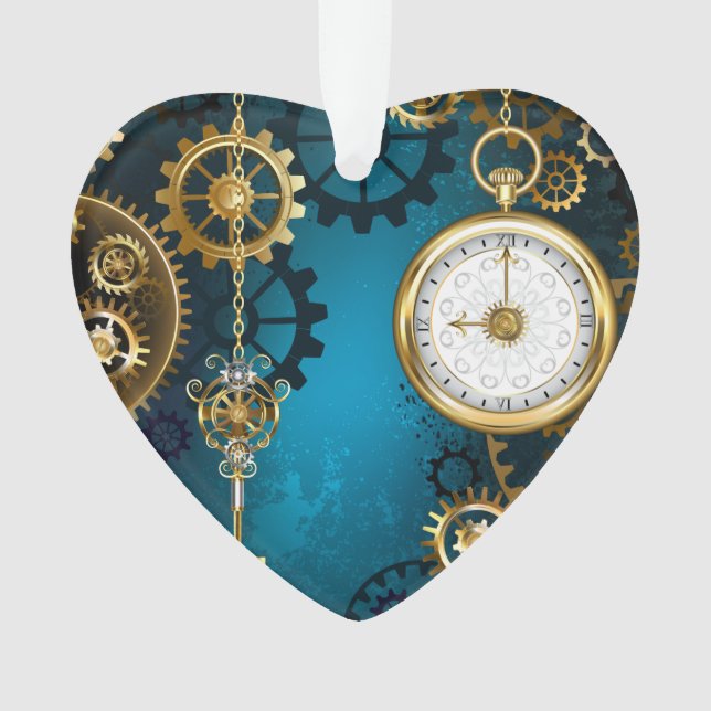 Steampun turquoise Background with Gears Ornament (Front)