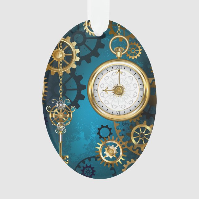 Steampun turquoise Background with Gears Ornament (Front)