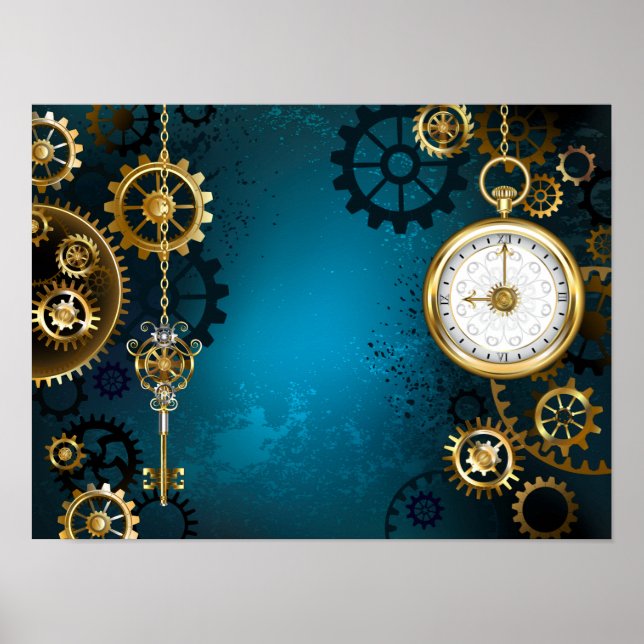 Steampun turquoise Background with Gears Poster (Front)