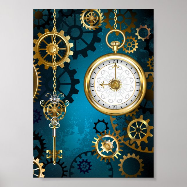 Steampun turquoise Background with Gears Poster (Front)