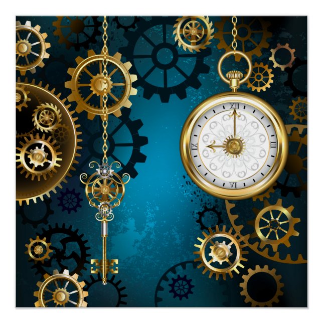 Steampun turquoise Background with Gears Poster (Front)
