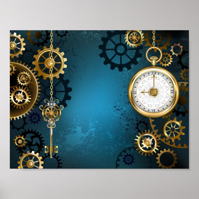 Steampun turquoise Background with Gears Poster (Front)