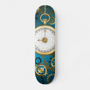 Steampun turquoise Background with Gears Skateboard