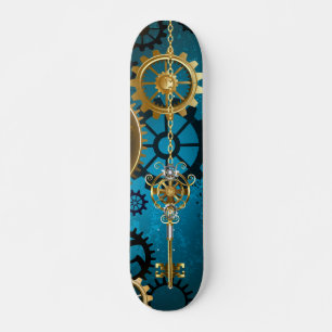 Steampun turquoise Background with Gears Skateboard