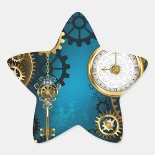 Steampun turquoise Background with Gears Star Sticker