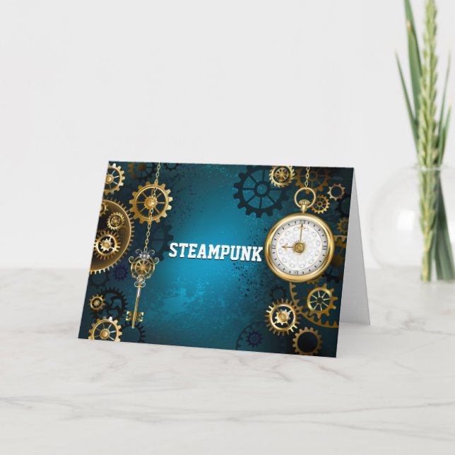 Steampun turquoise Background with Gears Thank You Card (Front)