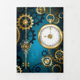 Steampun turquoise Background with Gears Tri-Fold Invitation