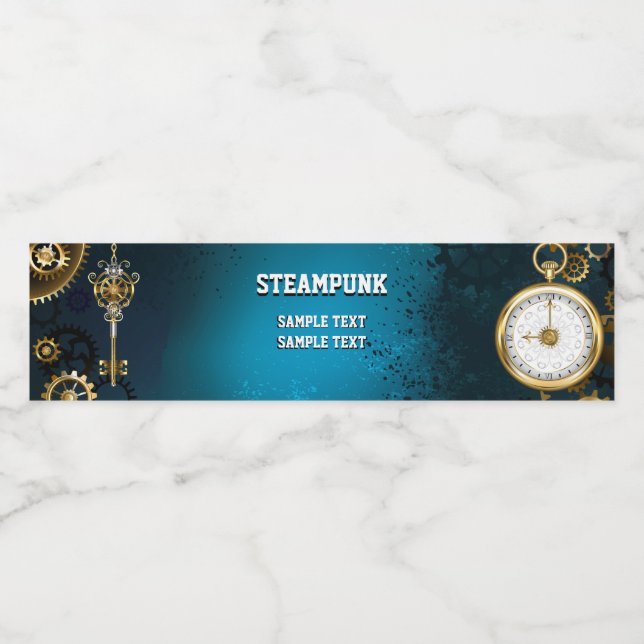 Steampun turquoise Background with Gears Water Bottle Label (Single Label)
