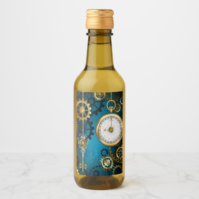 Steampun turquoise Background with Gears Wine Label (Front)