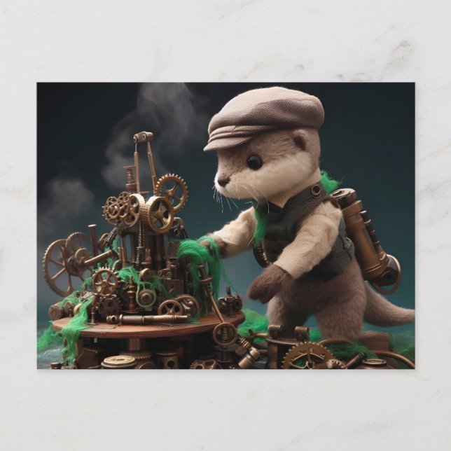 Steampunk Adorable Otter Works on Machinery Postcard (Front)