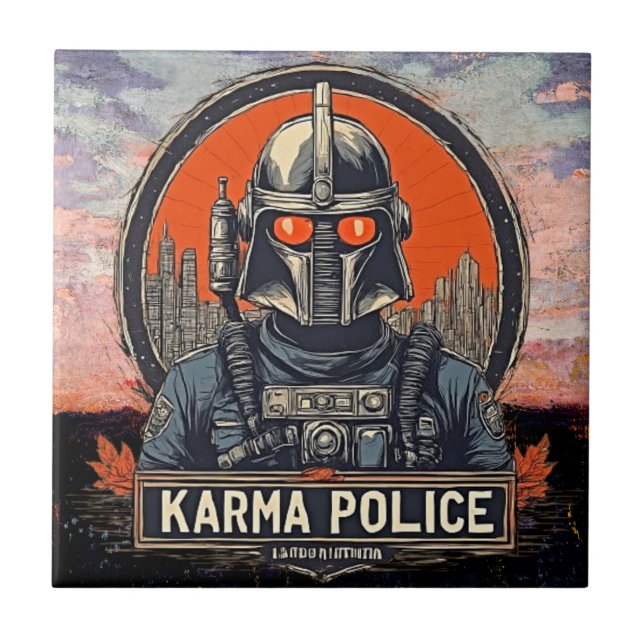 Steampunk Aesthetic - Retro Sci-Fi Karma Police Ceramic Tile (Front)
