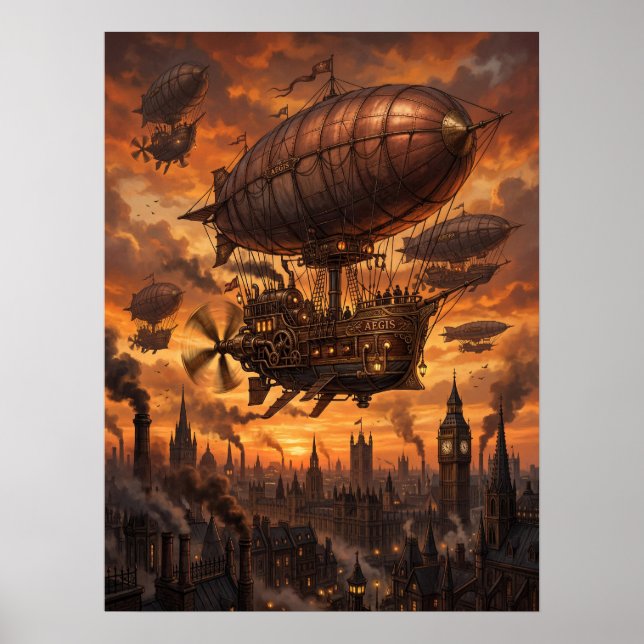 Steampunk Airship Fleet Victorian City Sunset  Poster (Front)