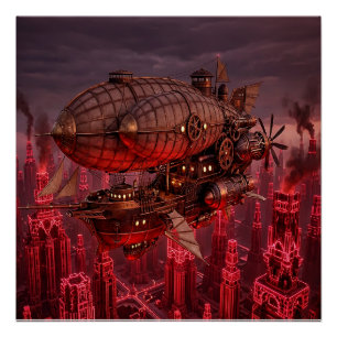 Steampunk Airship Flying Above Town Poster