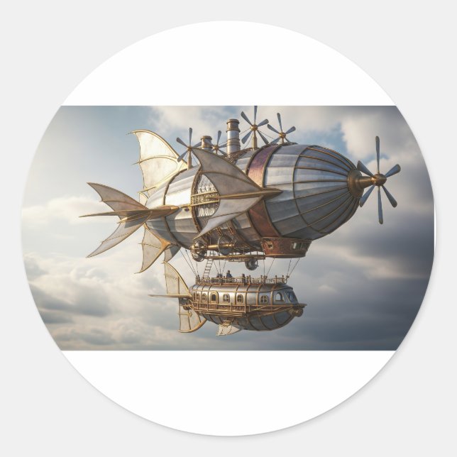 Steampunk Airship in the Clouds Classic Round Sticker (Front)