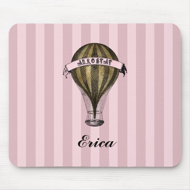 Steampunk Airship on Vintage Pink Stripes Monogram Mouse Pad (Front)