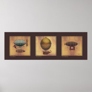Steampunk Airship Trio of Fantasy Dirigibles Poster