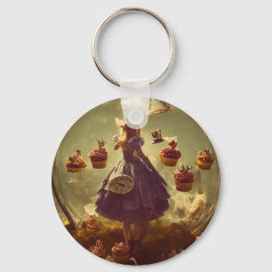 Steampunk Alice and Cupcakes AI Generated Art Key Ring