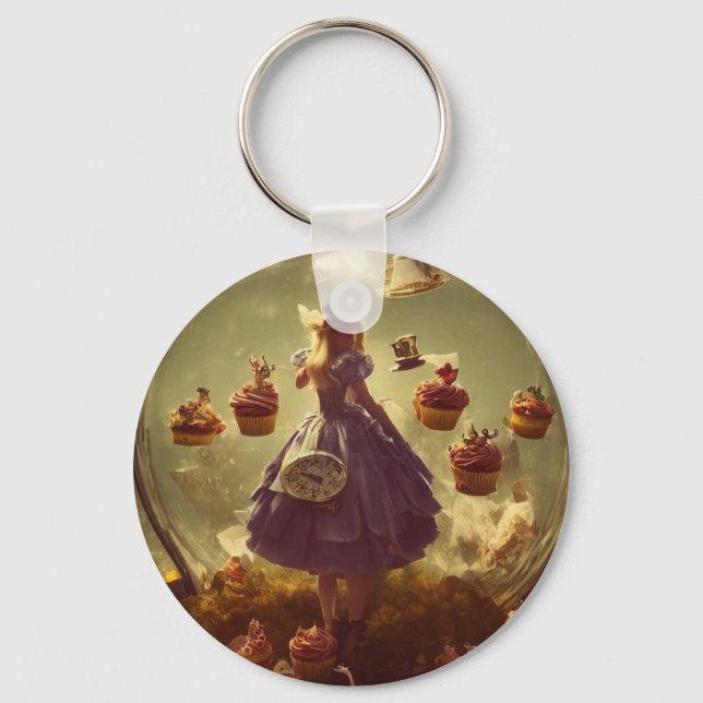 Steampunk Alice and Cupcakes AI Generated Art Key Ring (Front)