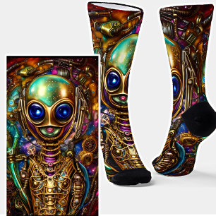 Steampunk Alien Green Blue & Brown Socks