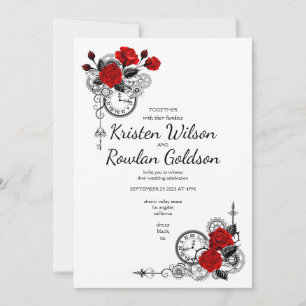 Steampunk and Red Roses Flowers on Black Invitation
