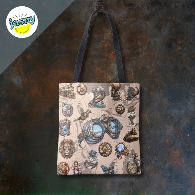 Steampunk Animal Goggles Themed Brown Blue Accents Tote Bag (Creator Uploaded)