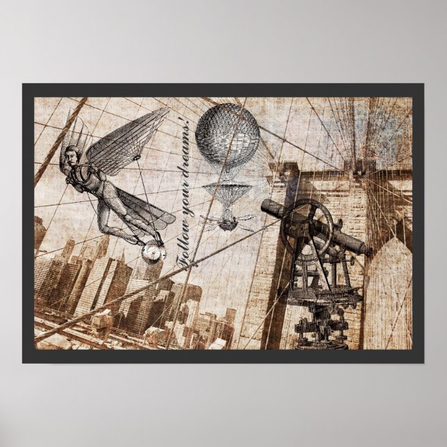 Steampunk apparitions over the Brooklyn Bridge Poster (Front)