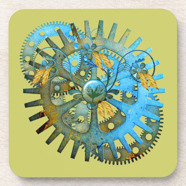 Steampunk Aqua Gear Collage Coasters (Front)