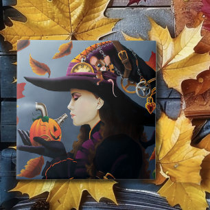 Steampunk Autumn Witch Pumpkin Clockwork Hat Ceramic Tile