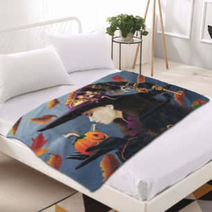 Steampunk Autumn Witch Pumpkin Clockwork Hat Fleece Blanket