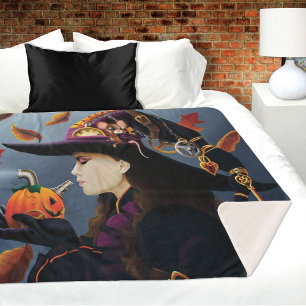Steampunk Autumn Witch Pumpkin Clockwork Hat Sherpa Blanket