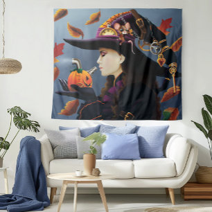 Steampunk Autumn Witch Pumpkin Clockwork Hat Tapestry