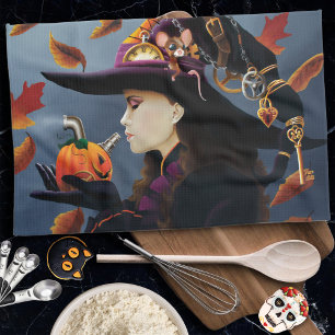 Steampunk Autumn Witch Pumpkin Clockwork Hat Tea Towel