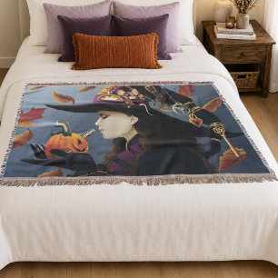 Steampunk Autumn Witch Pumpkin Clockwork Hat Throw Blanket