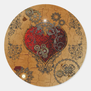 Steampunk, awesome heart classic round sticker