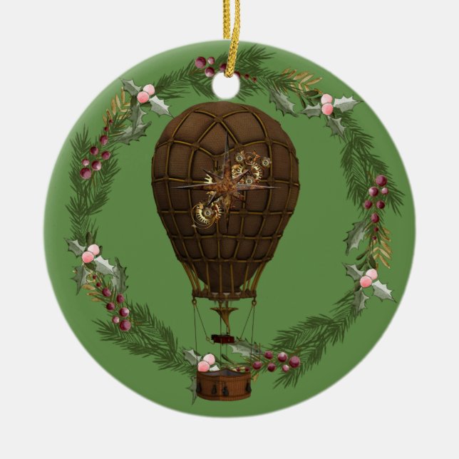 Steampunk Balloon & Wreath Customisable Ceramic Ornament (Front)