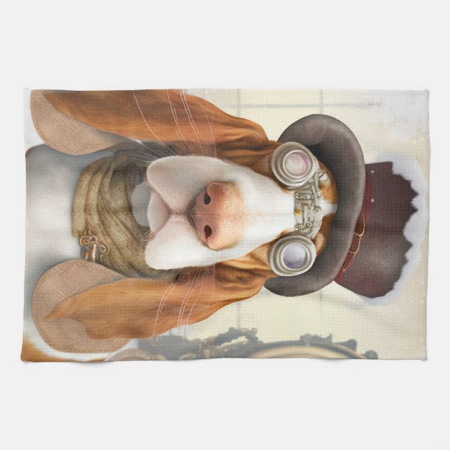 Steampunk Basset Hound Tea Towel (Horizontal)