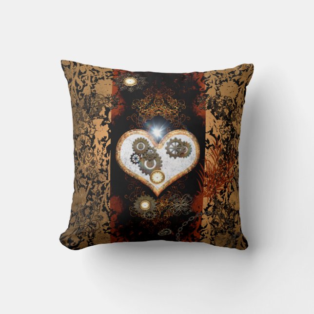 Steampunk, beautiful heart with gears and clocks cushion (Front)