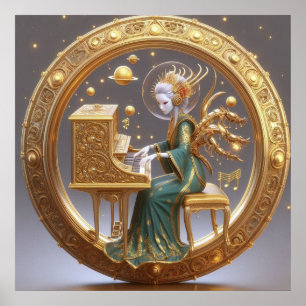 Steampunk Beautiful Space Alien Playing Piano Poster