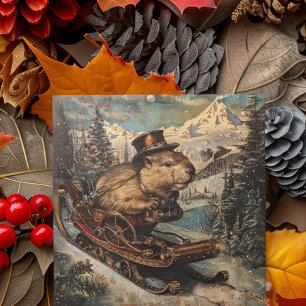 Steampunk Beaver Sleigh Christmas Card