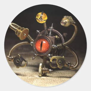 Steampunk Beholder Robot Classic Round Sticker