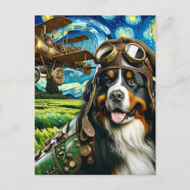 Steampunk Bernese Mountain Dog Van Gogh Postcard (Front)