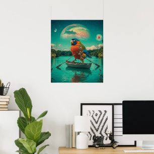 Steampunk Bird Rowing Surreal Lake Cosmic Poster