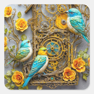 Steampunk birds with golden roses square sticker