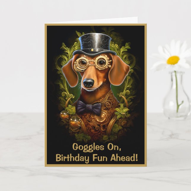 Steampunk Birthday Sausage Dog Custom Name 149 Card (Small Plant)