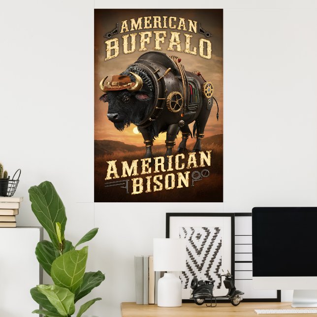 Steampunk Bison Sunset Poster (Home Office)