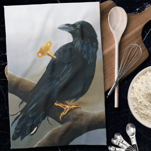 Steampunk Black Raven Wind-Up Key Mechanical Tea Towel