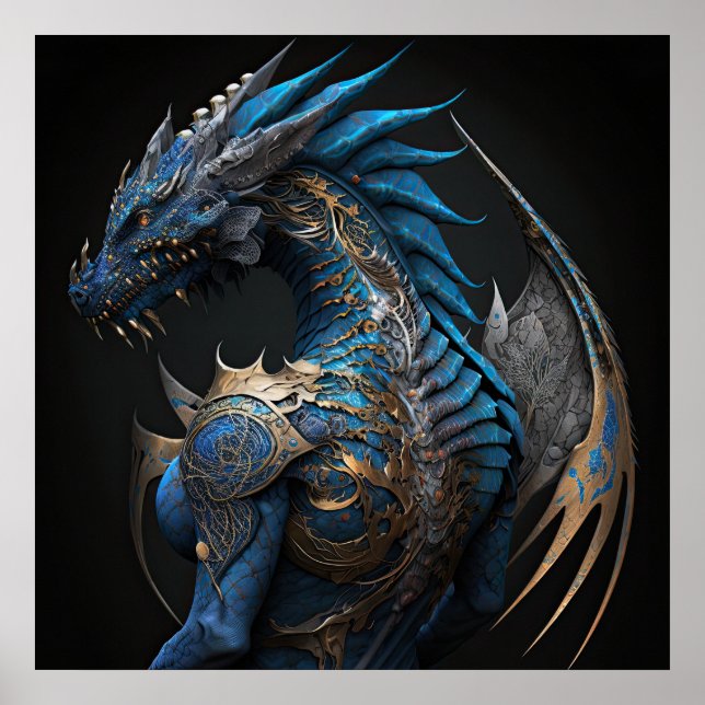 Steampunk blue dragon with metal wigns AI art  Poster (Front)